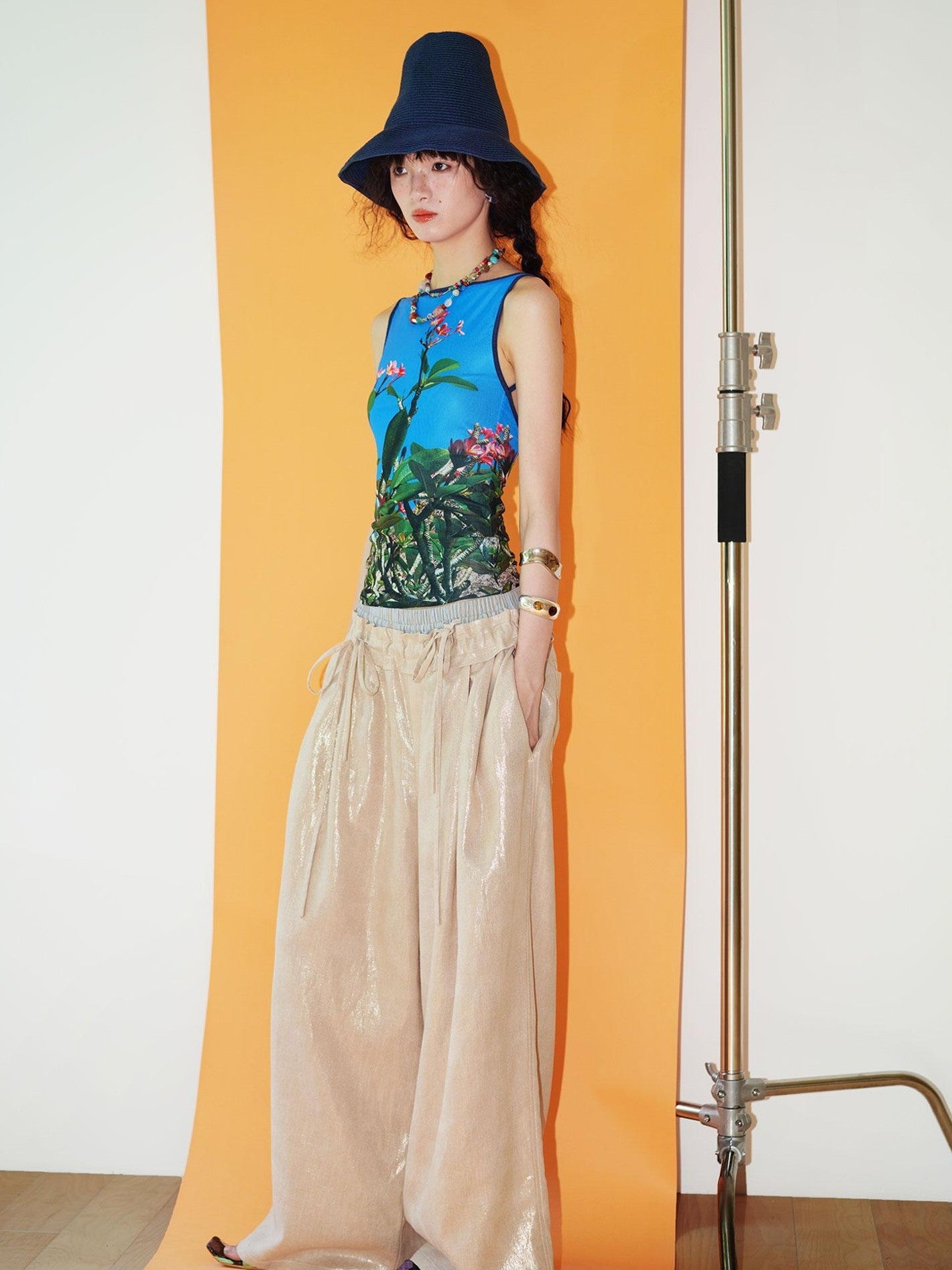 badtaste Striped Linen Patchwork Elastic Waist Lightweight Loose Women's Wide-leg Pants