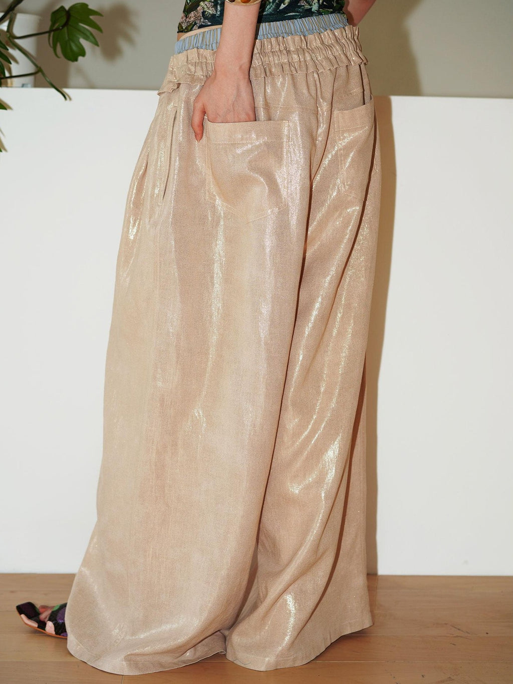 badtaste Striped Linen Patchwork Elastic Waist Lightweight Loose Women's Wide-leg Pants