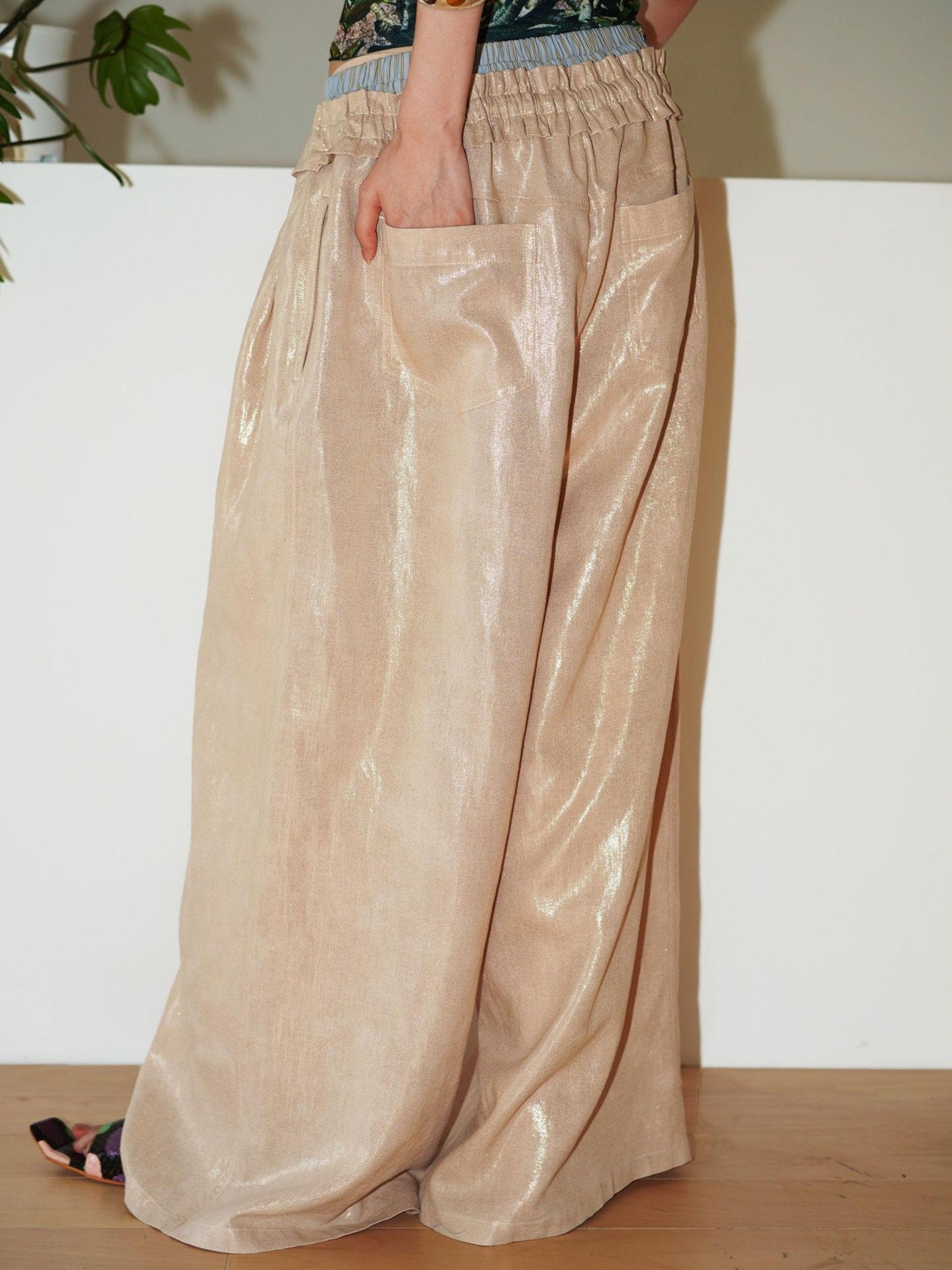badtaste Striped Linen Patchwork Elastic Waist Lightweight Loose Women's Wide-leg Pants