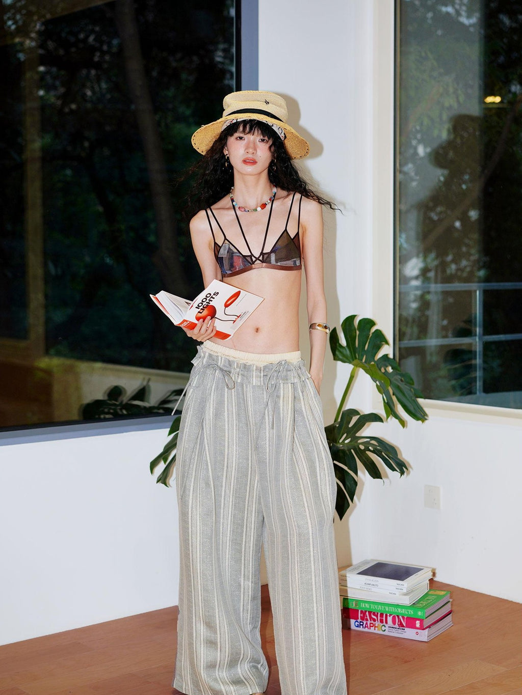 badtaste Striped Linen Patchwork Elastic Waist Lightweight Loose Women's Wide-leg Pants