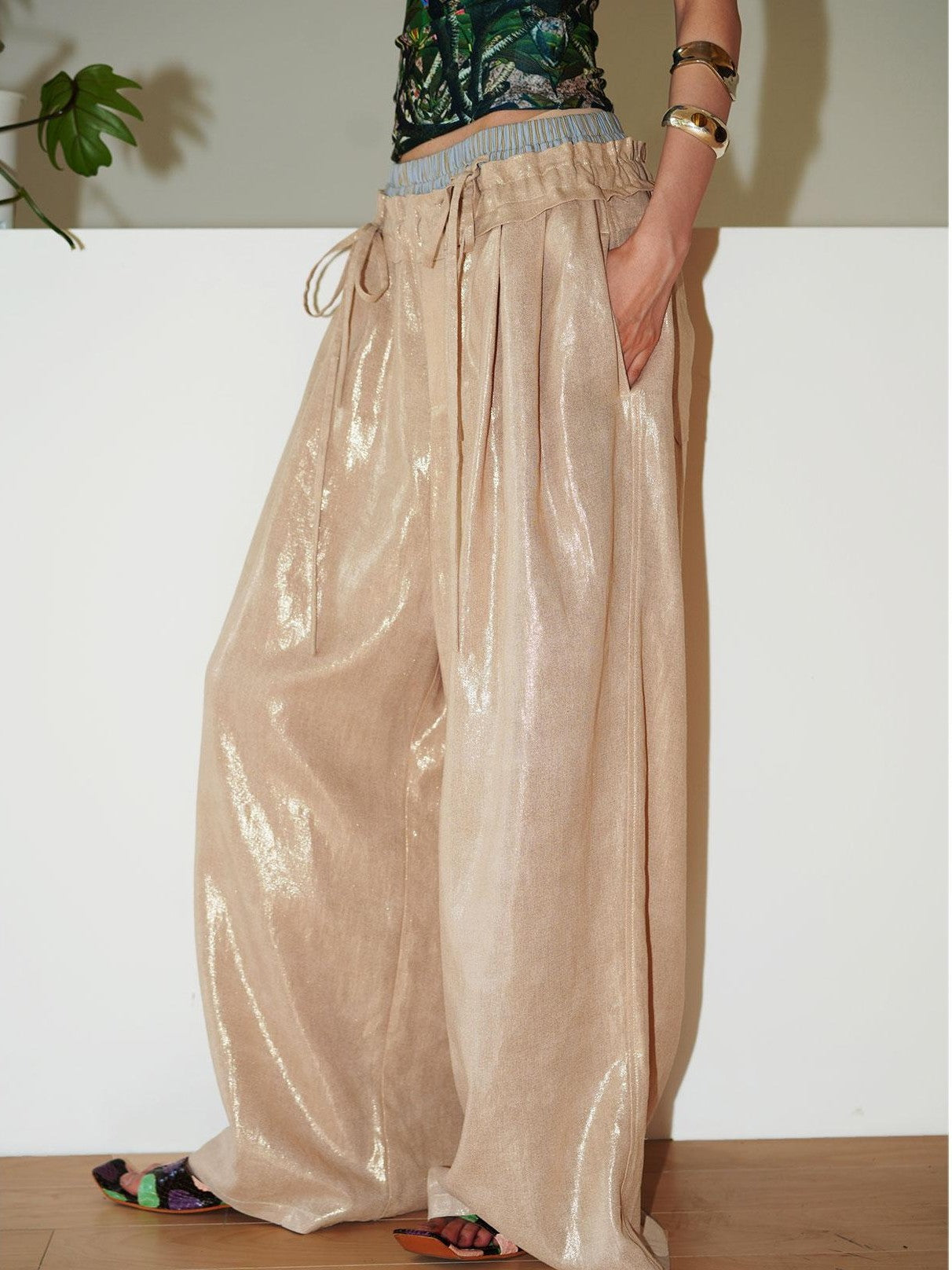 badtaste Striped Linen Patchwork Elastic Waist Lightweight Loose Women's Wide-leg Pants