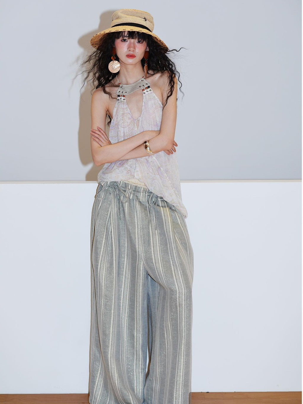 badtaste Striped Linen Patchwork Elastic Waist Lightweight Loose Women's Wide-leg Pants