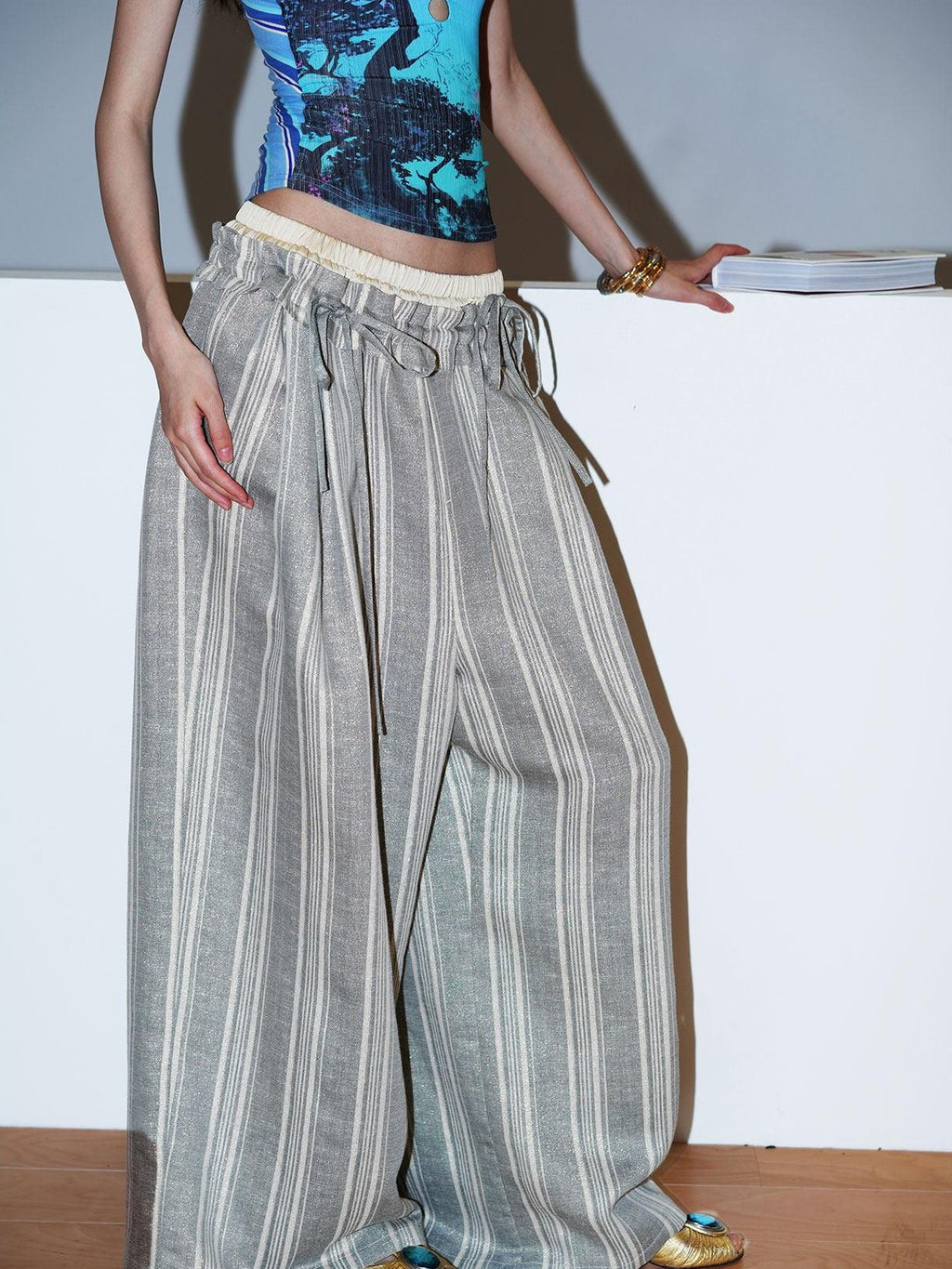 badtaste Striped Linen Patchwork Elastic Waist Lightweight Loose Women's Wide-leg Pants