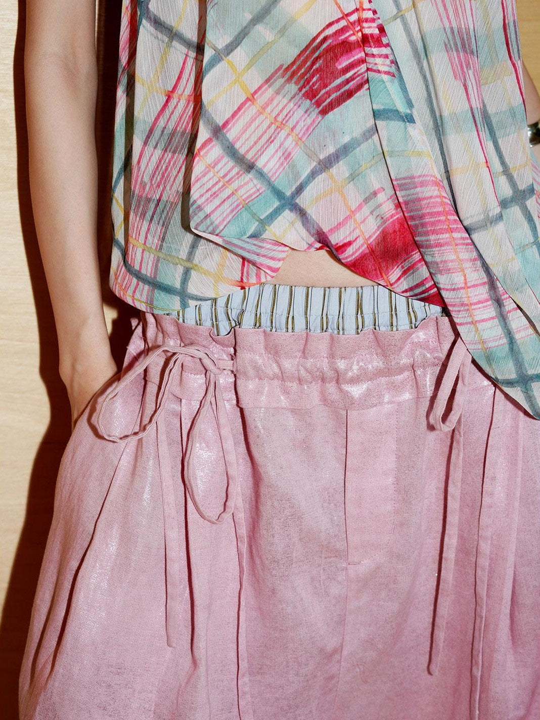 badtaste Striped Linen Patchwork Elastic Waist Lightweight Loose Women's Wide-leg Pants