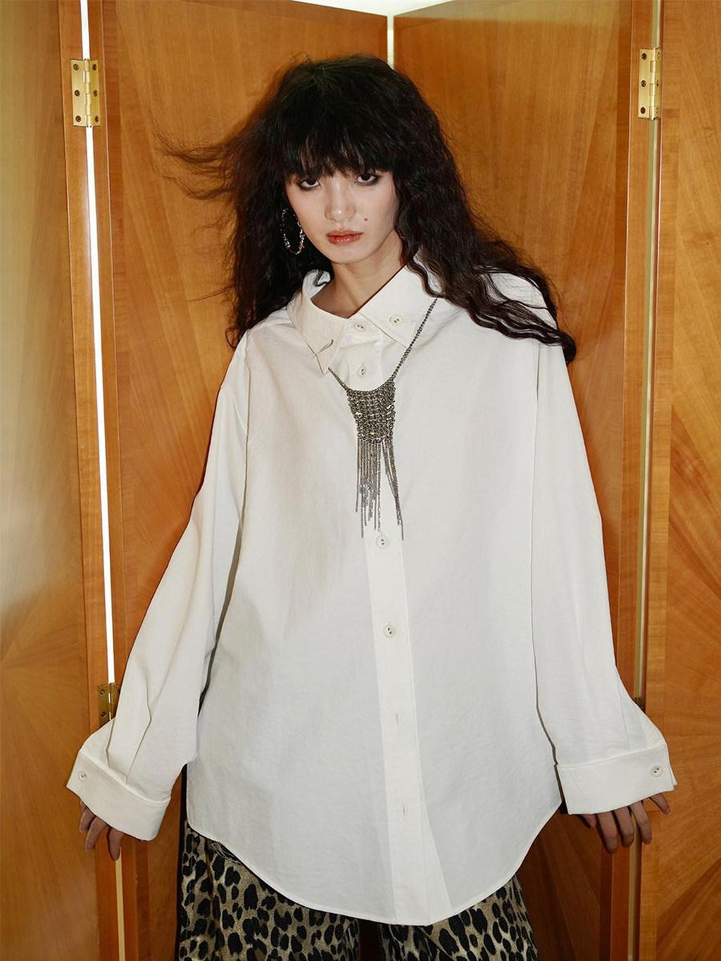 badtaste Striped Retro Lapel Loose Silhouette Women's Other Fabric Oversized Shirts