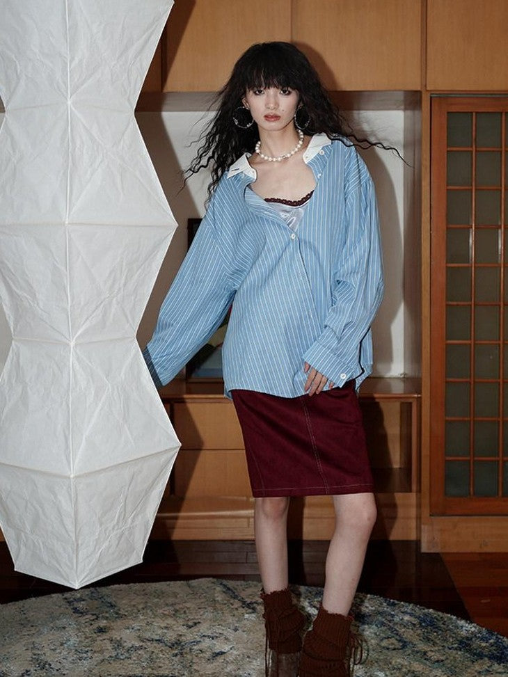 badtaste Striped Retro Lapel Loose Silhouette Women's Other Fabric Oversized Shirts