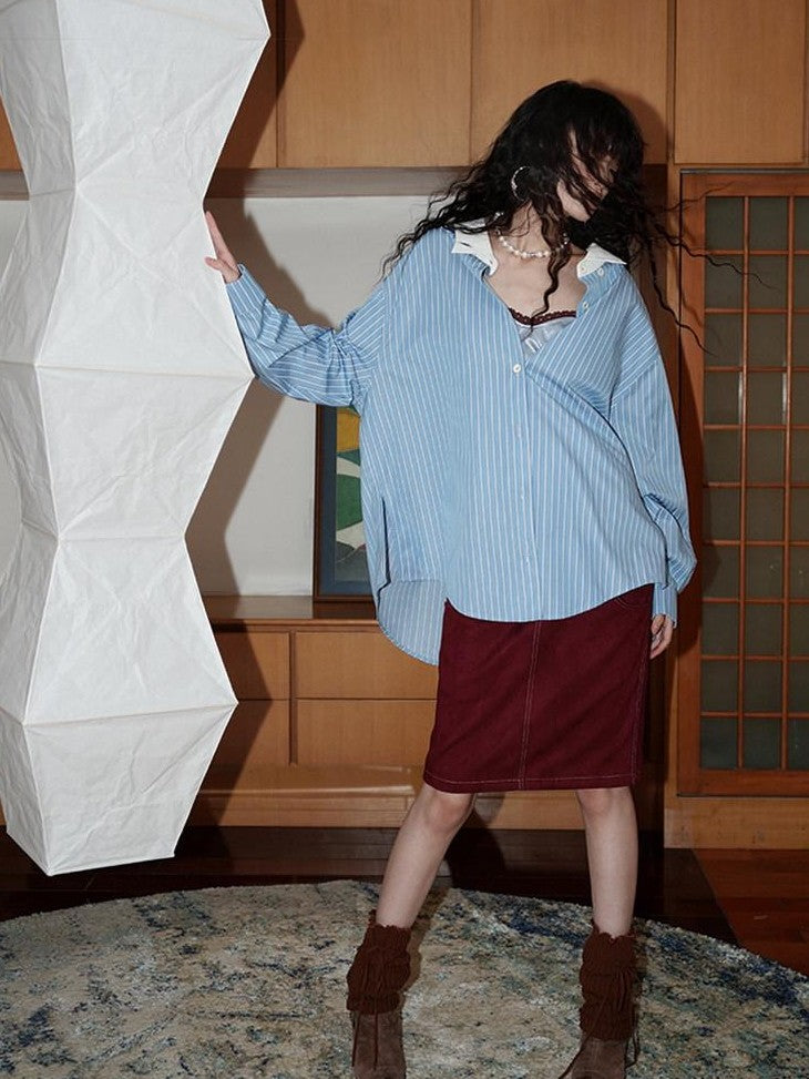 badtaste Striped Retro Lapel Loose Silhouette Women's Other Fabric Oversized Shirts