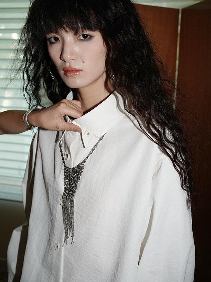 badtaste Striped Retro Lapel Loose Silhouette Women's Other Fabric Oversized Shirts
