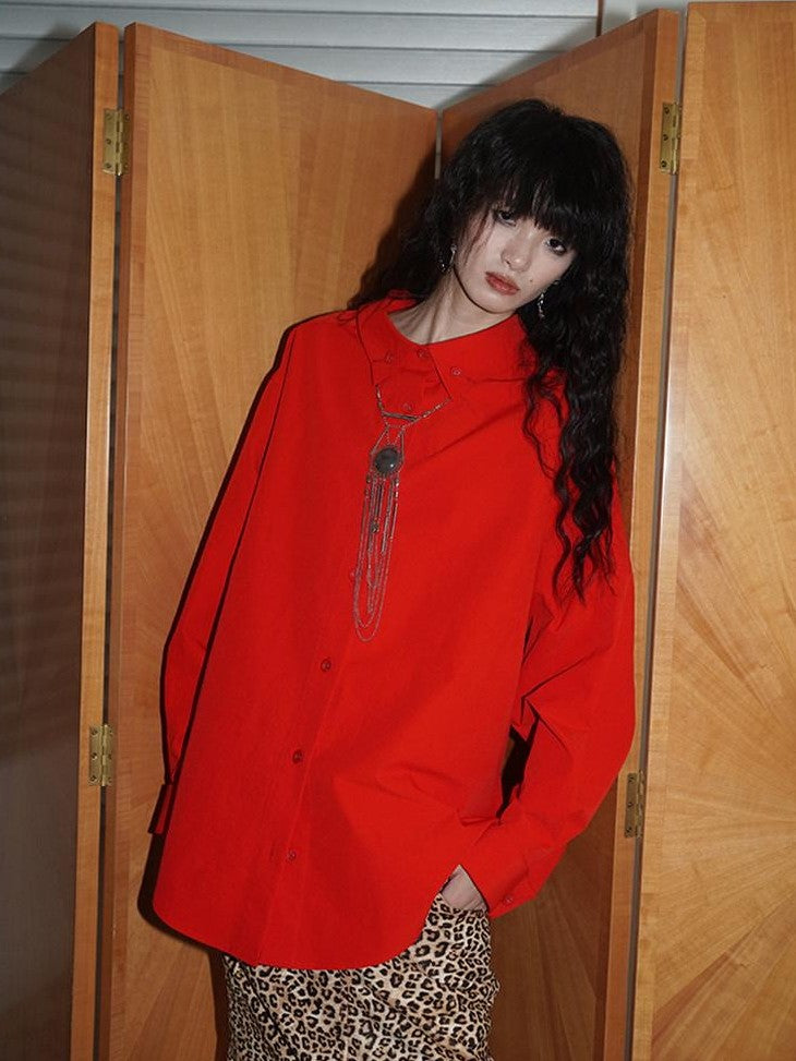 badtaste Striped Retro Lapel Loose Silhouette Women's Other Fabric Oversized Shirts