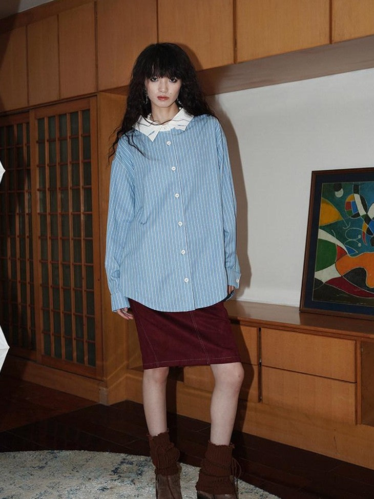 badtaste Striped Retro Lapel Loose Silhouette Women's Other Fabric Oversized Shirts