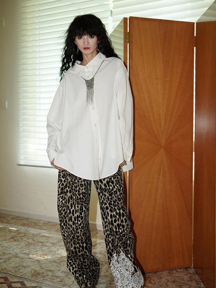 badtaste Striped Retro Lapel Loose Silhouette Women's Other Fabric Oversized Shirts