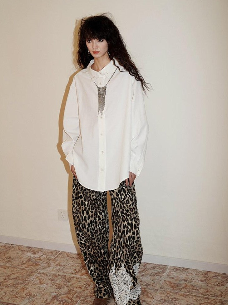 badtaste Striped Retro Lapel Loose Silhouette Women's Other Fabric Oversized Shirts