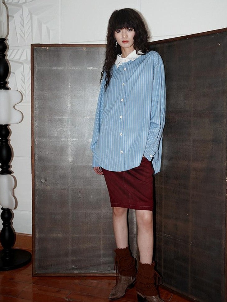 badtaste Striped Retro Lapel Loose Silhouette Women's Other Fabric Oversized Shirts