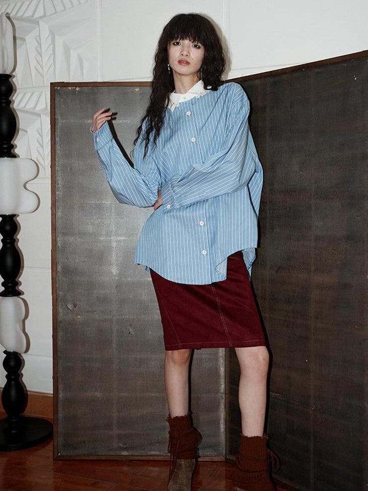 badtaste Striped Retro Lapel Loose Silhouette Women's Other Fabric Oversized Shirts