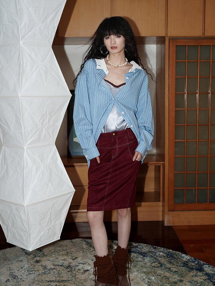 badtaste Striped Retro Lapel Loose Silhouette Women's Other Fabric Oversized Shirts