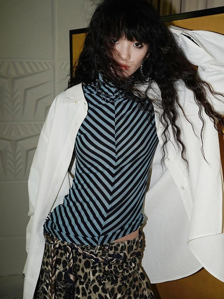 badtaste Striped Retro Lapel Loose Silhouette Women's Other Fabric Oversized Shirts