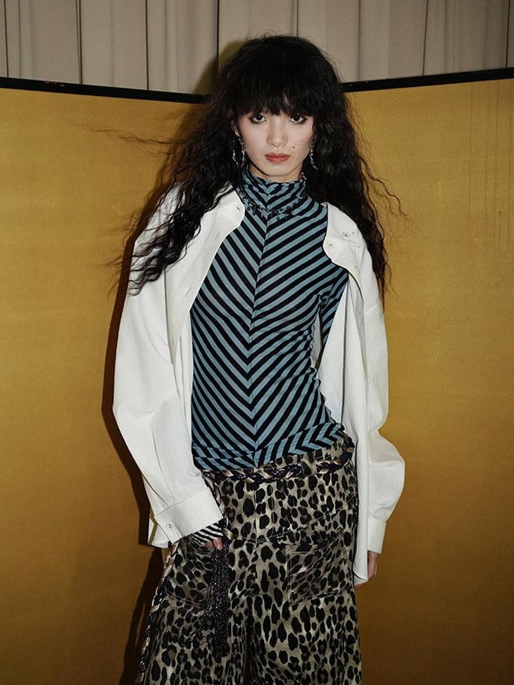 badtaste Striped Retro Lapel Loose Silhouette Women's Other Fabric Oversized Shirts