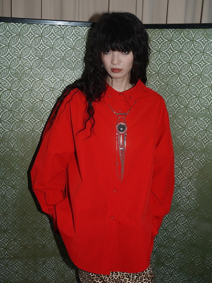 badtaste Striped Retro Lapel Loose Silhouette Women's Other Fabric Oversized Shirts