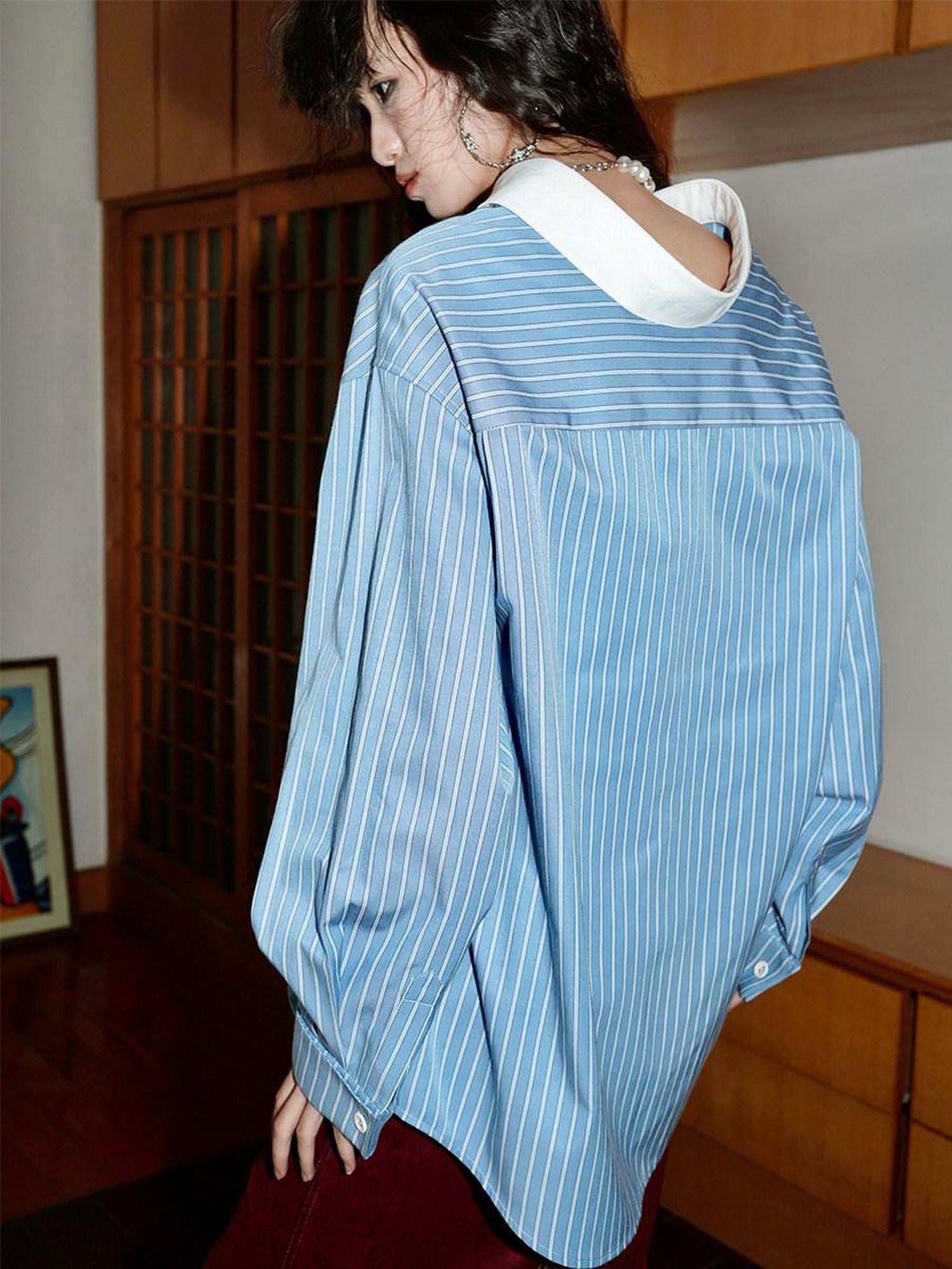 badtaste Striped Retro Lapel Loose Silhouette Women's Other Fabric Oversized Shirts