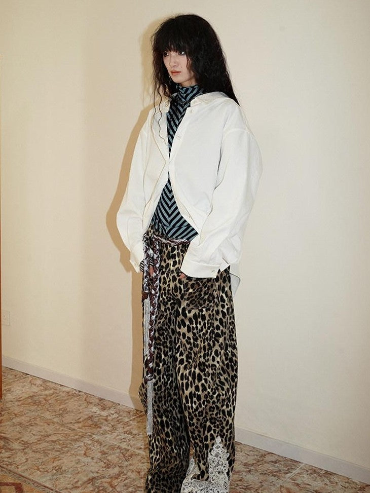 badtaste Striped Retro Lapel Loose Silhouette Women's Other Fabric Oversized Shirts