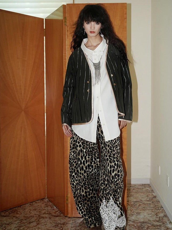 badtaste Striped Retro Lapel Loose Silhouette Women's Other Fabric Oversized Shirts