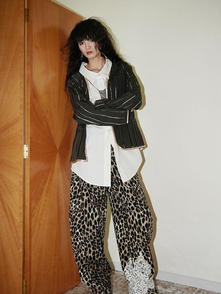 badtaste Striped Retro Lapel Loose Silhouette Women's Other Fabric Oversized Shirts