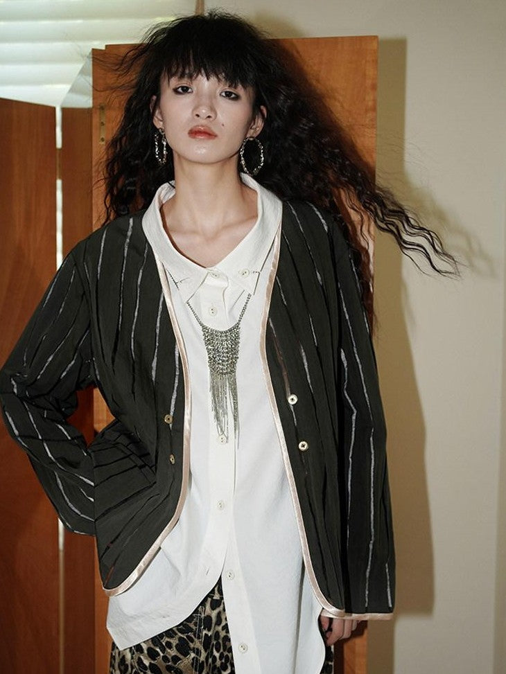 badtaste Striped Retro Lapel Loose Silhouette Women's Other Fabric Oversized Shirts