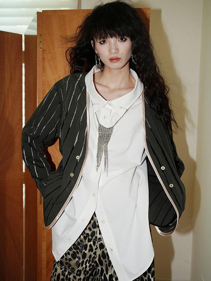 badtaste Striped Retro Lapel Loose Silhouette Women's Other Fabric Oversized Shirts