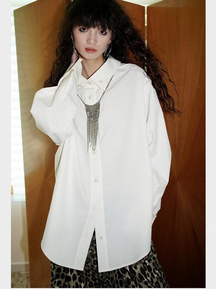 badtaste Striped Retro Lapel Loose Silhouette Women's Other Fabric Oversized Shirts