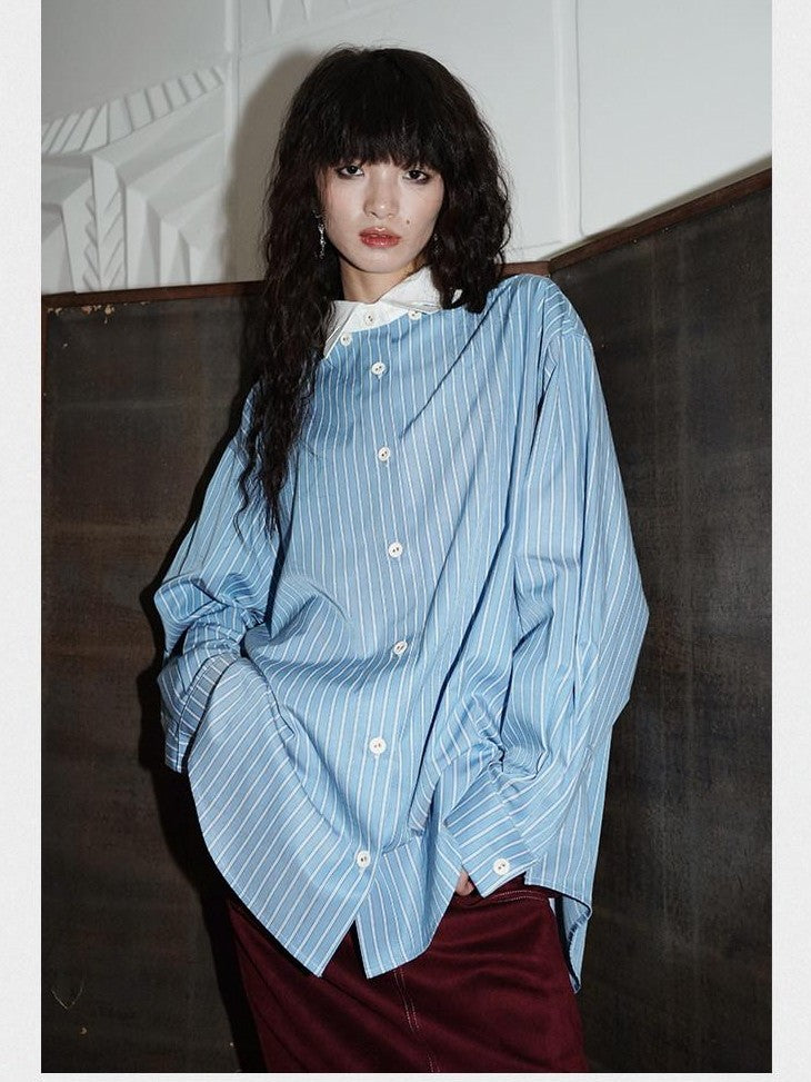 badtaste Striped Retro Lapel Loose Silhouette Women's Other Fabric Oversized Shirts