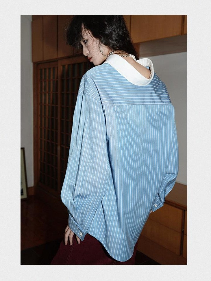 badtaste Striped Retro Lapel Loose Silhouette Women's Other Fabric Oversized Shirts