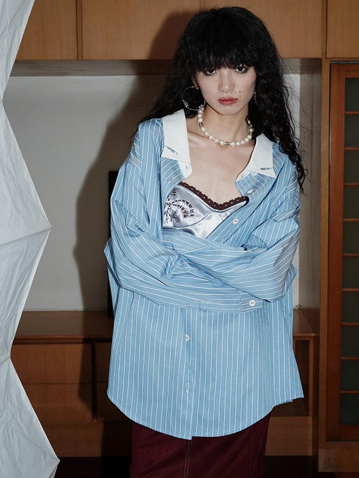 badtaste Striped Retro Lapel Loose Silhouette Women's Other Fabric Oversized Shirts