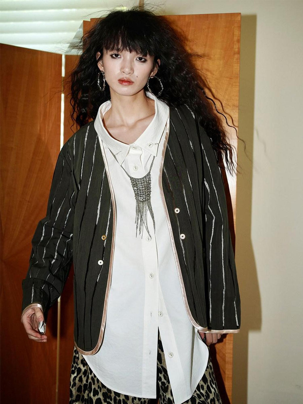 badtaste Striped Semi Sheer Vintage Casual Relaxed Fit Women's Special Fabric Blazers