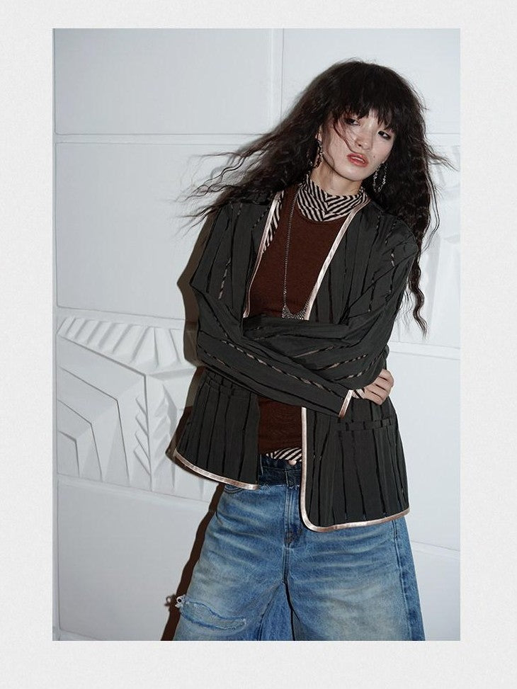 badtaste Striped Semi Sheer Vintage Casual Relaxed Fit Women's Special Fabric Blazers