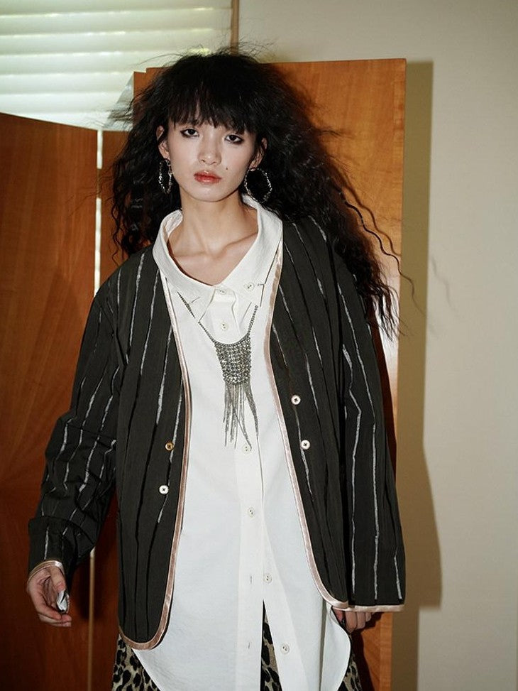 badtaste Striped Semi Sheer Vintage Casual Relaxed Fit Women's Special Fabric Blazers