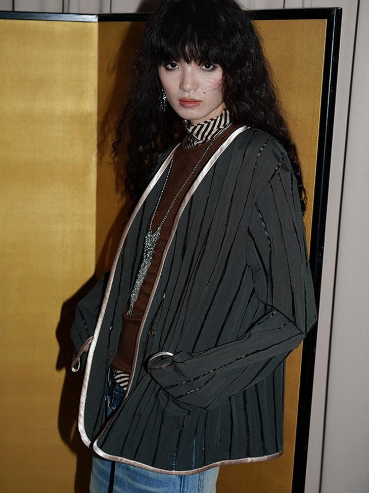 badtaste Striped Semi Sheer Vintage Casual Relaxed Fit Women's Special Fabric Blazers