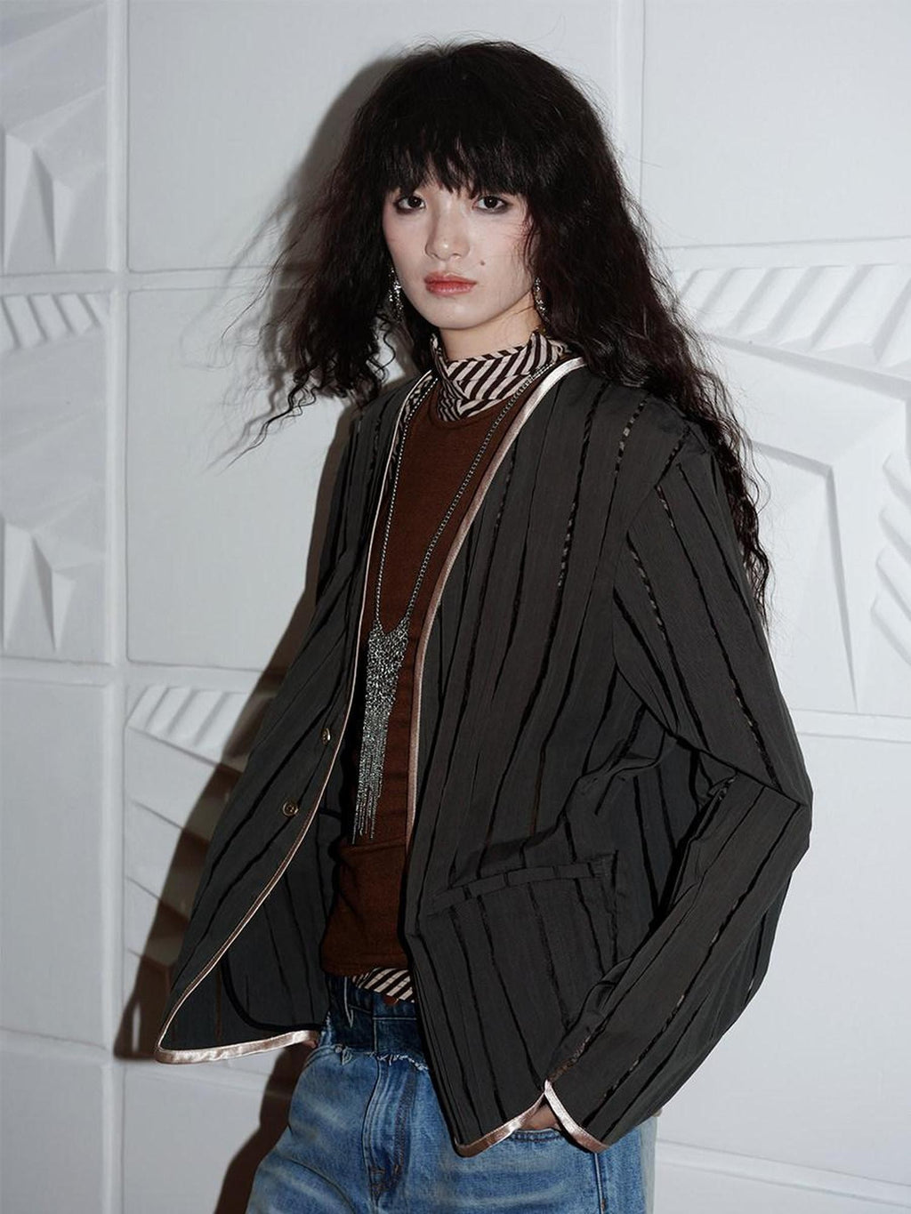 badtaste Striped Semi Sheer Vintage Casual Relaxed Fit Women's Special Fabric Blazers