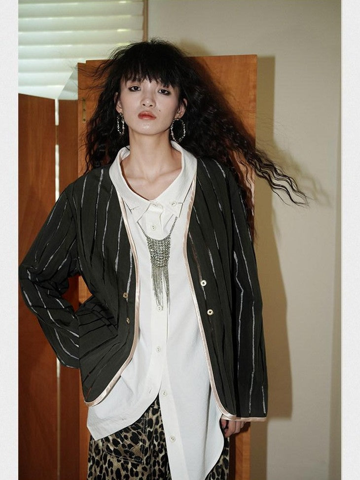 badtaste Striped Semi Sheer Vintage Casual Relaxed Fit Women's Special Fabric Blazers