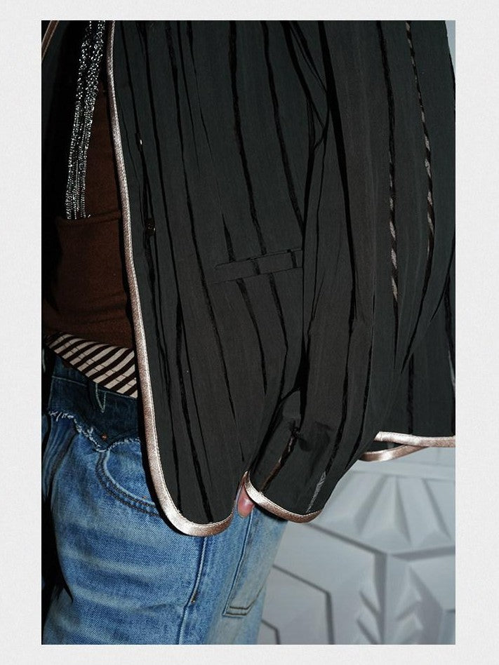 badtaste Striped Semi Sheer Vintage Casual Relaxed Fit Women's Special Fabric Blazers