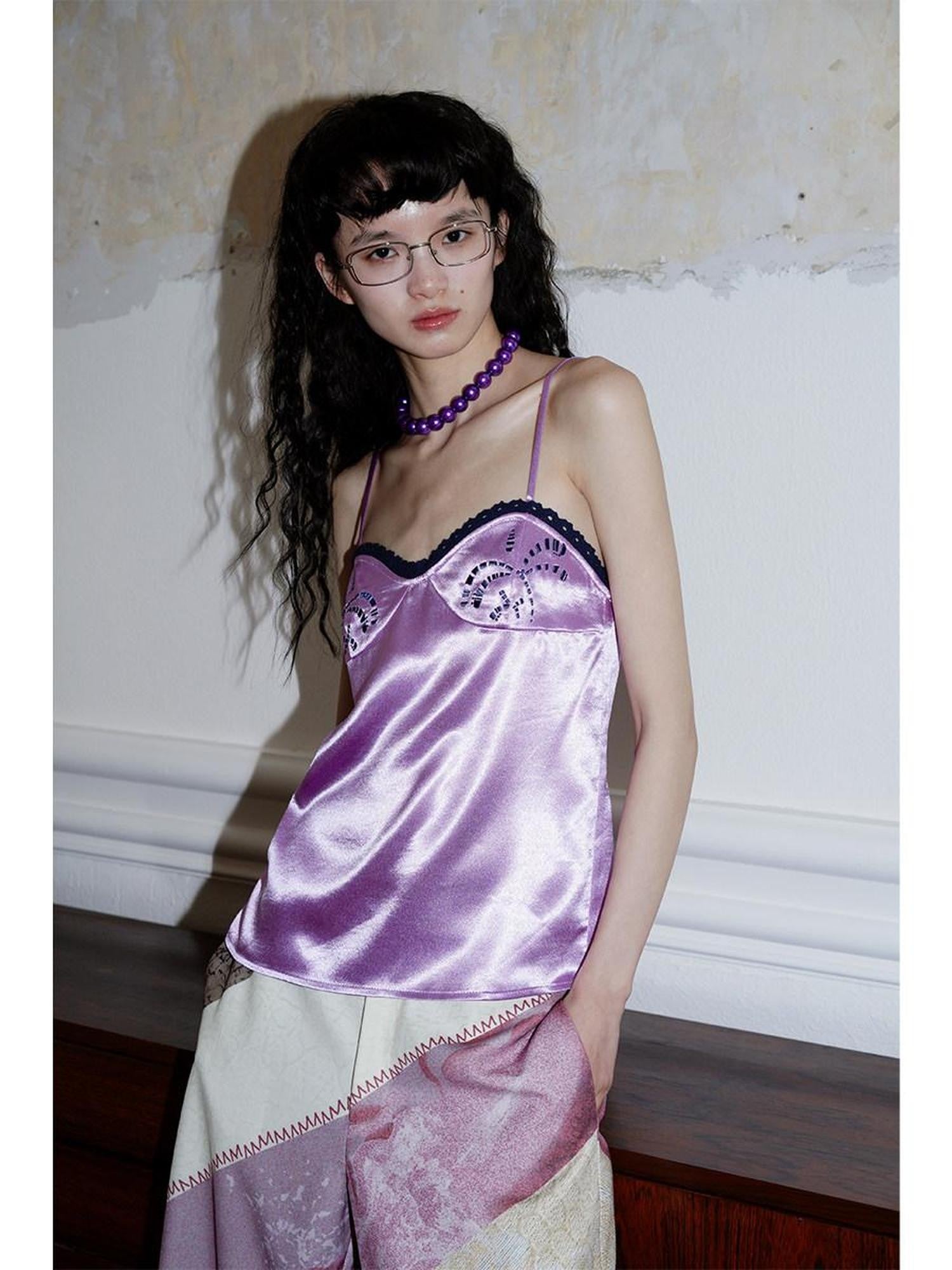 badtaste Subtle Sheen New Chinese Embroidered Floral Loose Retro Women's Satin Camisoles