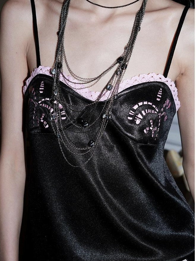 badtaste Subtle Sheen New Chinese Embroidered Floral Loose Retro Women's Satin Camisoles