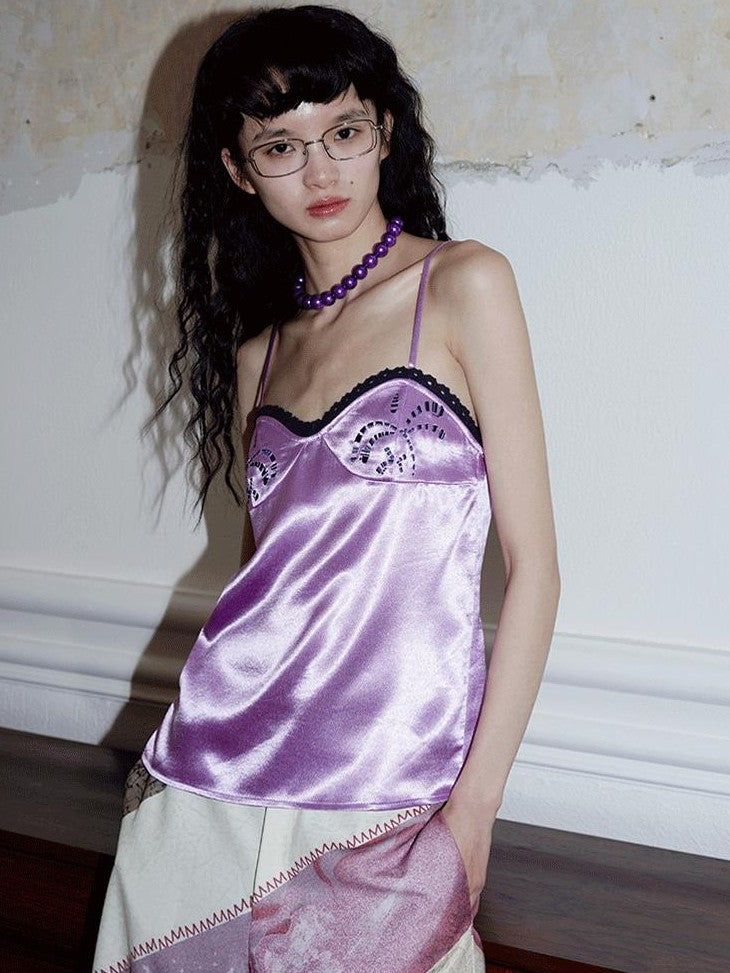 badtaste Subtle Sheen New Chinese Embroidered Floral Loose Retro Women's Satin Camisoles