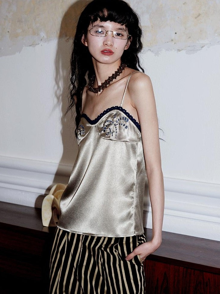 badtaste Subtle Sheen New Chinese Embroidered Floral Loose Retro Women's Satin Camisoles