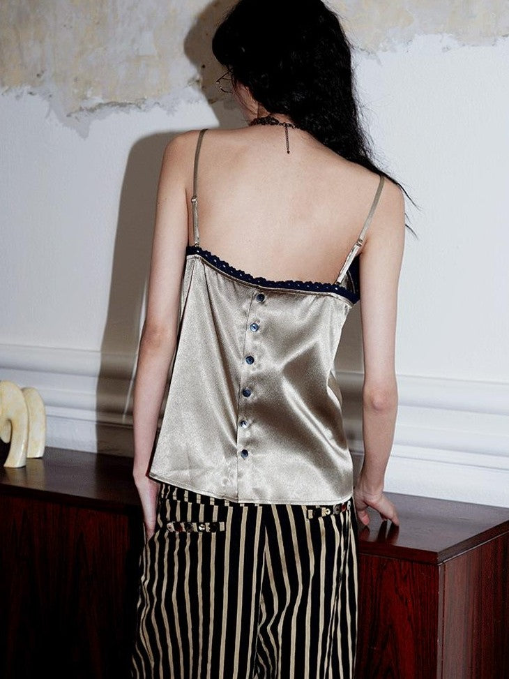 badtaste Subtle Sheen New Chinese Embroidered Floral Loose Retro Women's Satin Camisoles