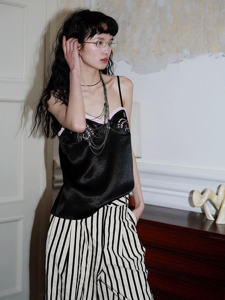 badtaste Subtle Sheen New Chinese Embroidered Floral Loose Retro Women's Satin Camisoles