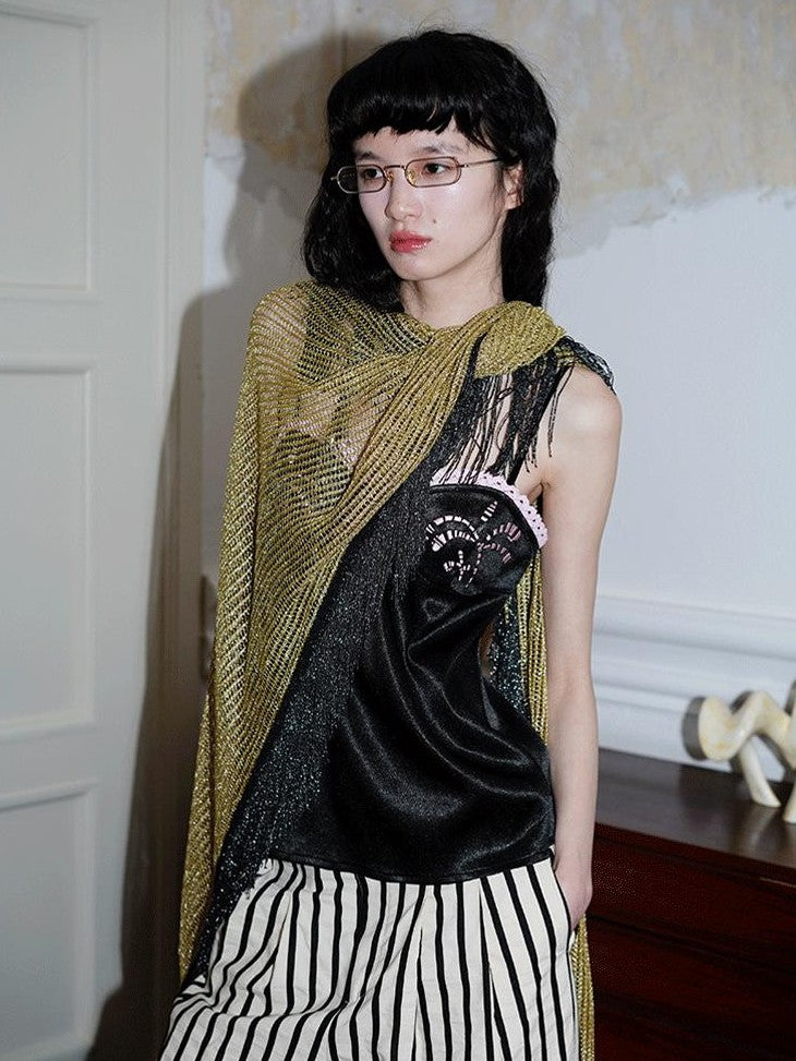 badtaste Subtle Sheen New Chinese Embroidered Floral Loose Retro Women's Satin Camisoles
