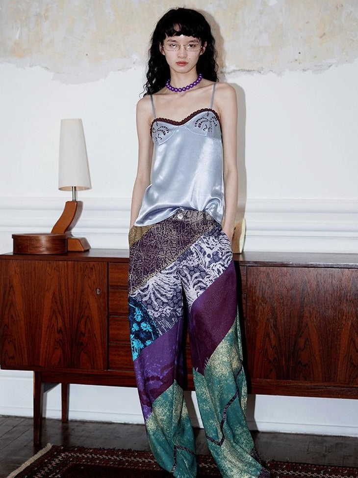 badtaste Subtle Sheen New Chinese Embroidered Floral Loose Retro Women's Satin Camisoles