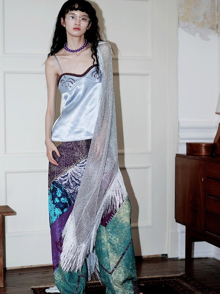 badtaste Subtle Sheen New Chinese Embroidered Floral Loose Retro Women's Satin Camisoles
