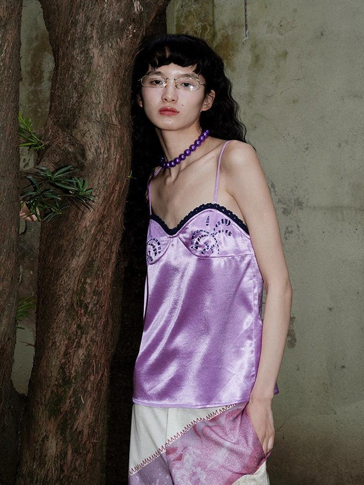 badtaste Subtle Sheen New Chinese Embroidered Floral Loose Retro Women's Satin Camisoles