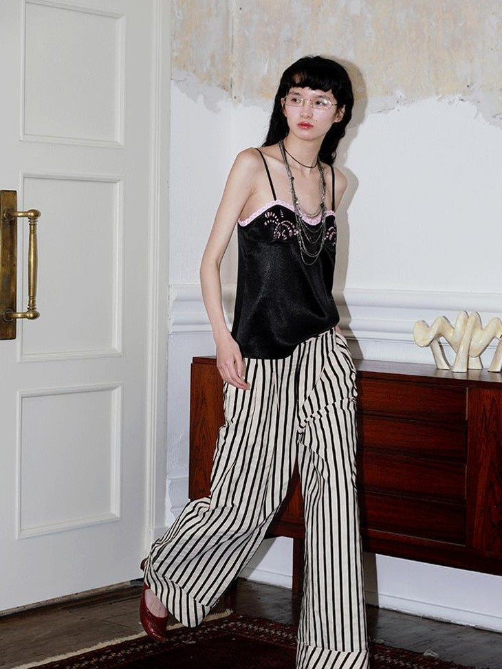 badtaste Subtle Sheen New Chinese Embroidered Floral Loose Retro Women's Satin Camisoles